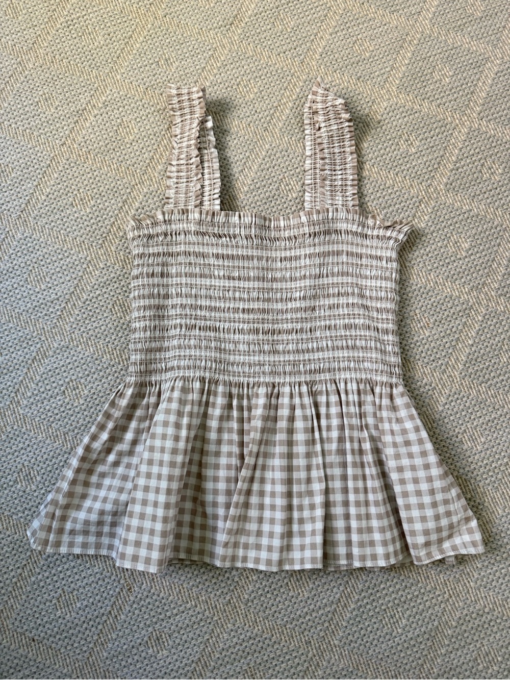 INTERMIX Taupe and White Gingham Smocked Peplum Tank